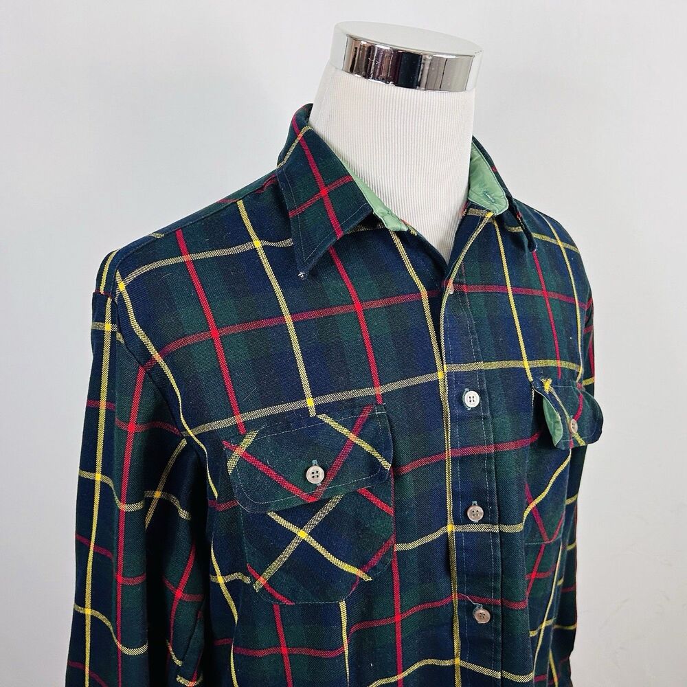 Back Packer Large Vintage Flannel Shirt 100% Acrylic Green Red Yellow Plaid